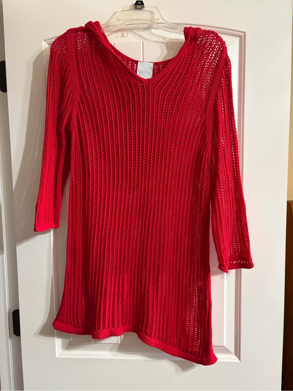 Sunday Red Open-Knit V-Neck Sweater with Hood